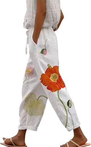 Women's Cotton Linen Summer Palazzo Pants Pants Baggy Comfort Trousers with Pocket Linen Capri Pants Women Summer