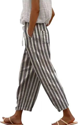 Women's Cotton Linen Summer Palazzo Pants Pants Baggy Comfort Trousers with Pocket Linen Capri Pants Women Summer