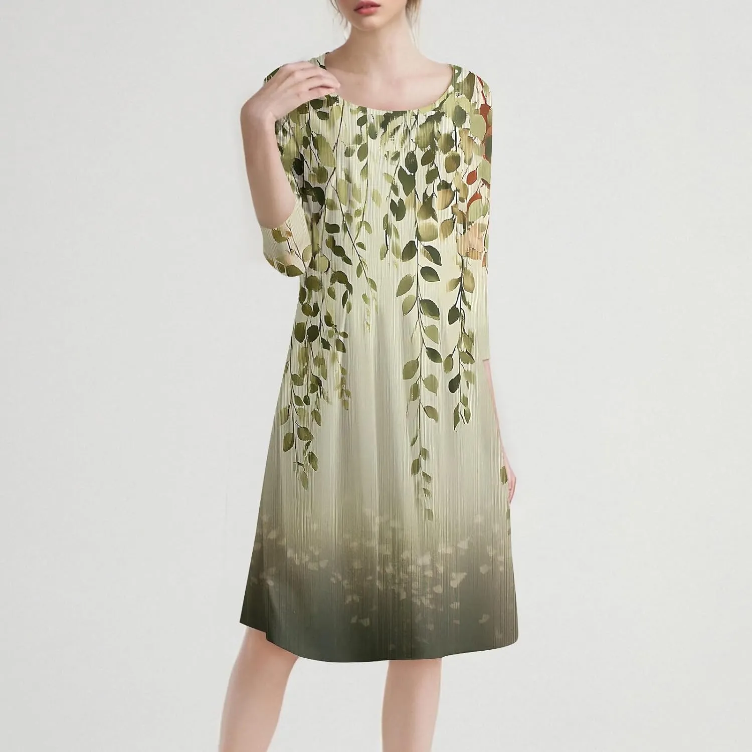 Women's Cute Summer Dresses Neck Three Quarter Sleeves Floral Print Loose Boho Flowy with Pockets Midi Dress, S-3XL