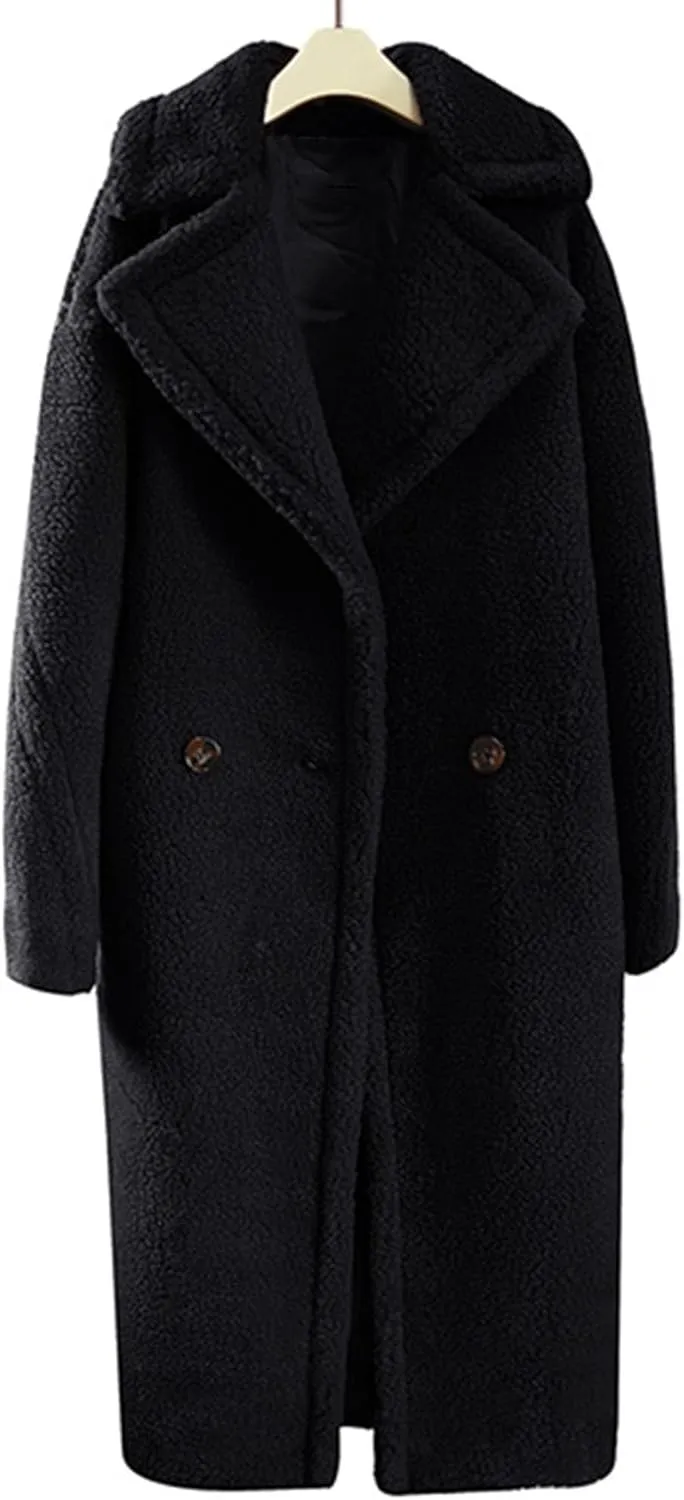 Women's Fleece Lapel Collar Trench Coat Open Front Long Cardigan Overcoat Winter Warm Outwear Jackets