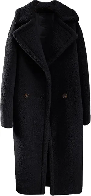 Women's Fleece Lapel Collar Trench Coat Open Front Long Cardigan Overcoat Winter Warm Outwear Jackets