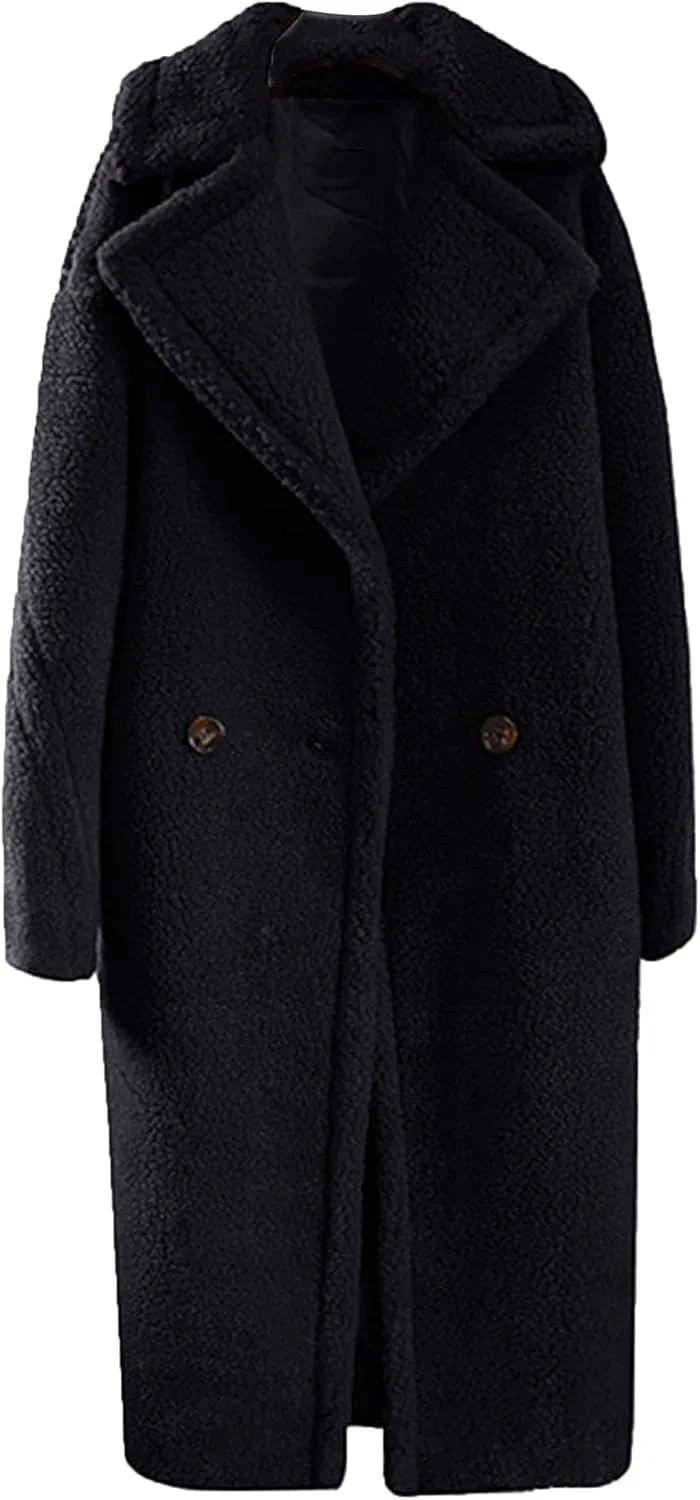 Women's Fleece Lapel Collar Trench Coat Open Front Long Cardigan Overcoat Winter Warm Outwear Jackets