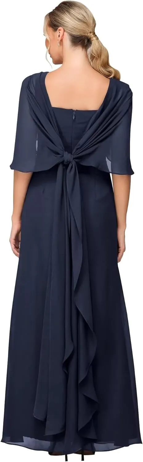 Women's Formal Dress Short Sleeve Scoop Neck Evening Dress Floor Length Chiffon Mother of The Bride Dress