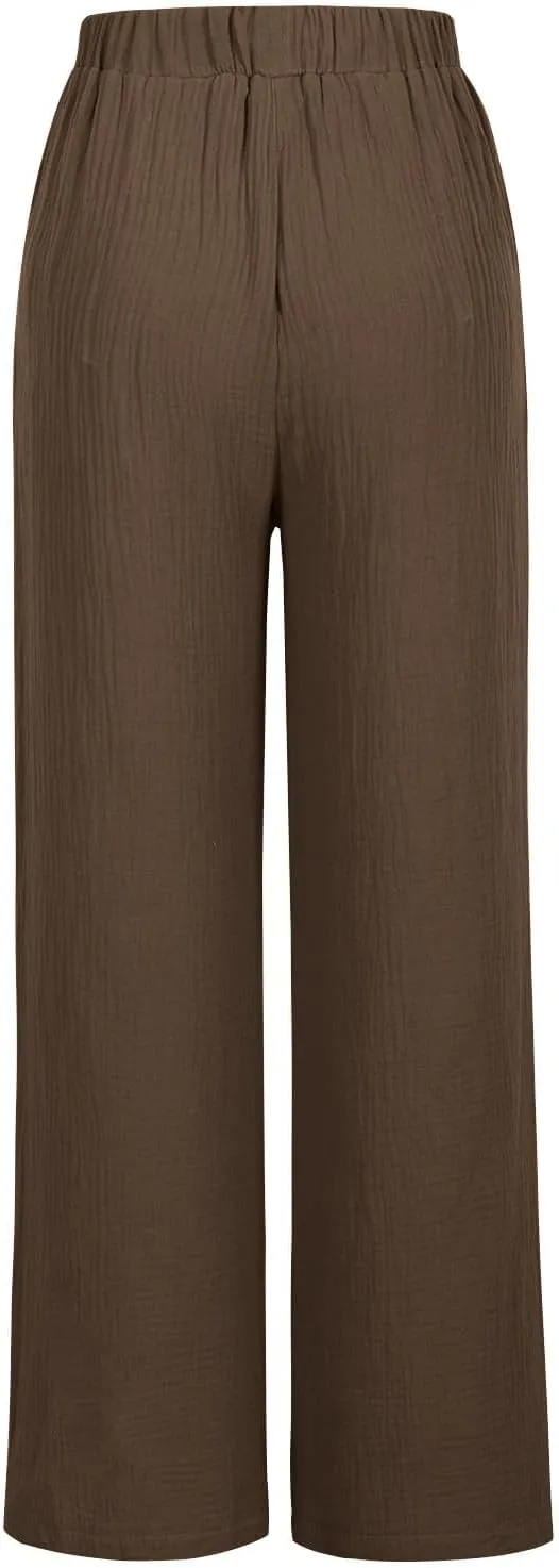 Women's High Waisted Linen Pants Wide Leg Lounge Beach Trousers Summer Casual Pant Palazzo Comfort Pants with Pockets