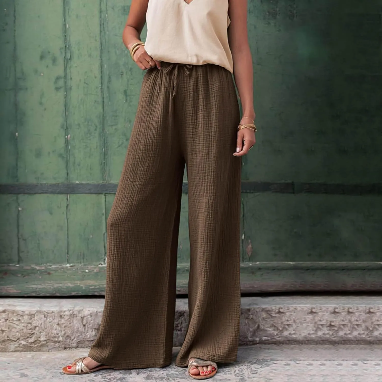 Women's High Waisted Linen Pants Wide Leg Lounge Beach Trousers Summer Casual Pant Palazzo Comfort Pants with Pockets