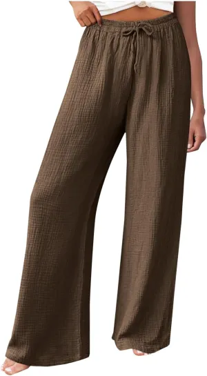 Women's High Waisted Linen Pants Wide Leg Lounge Beach Trousers Summer Casual Pant Palazzo Comfort Pants with Pockets