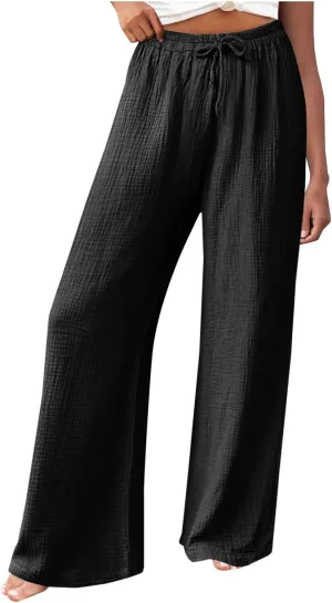 Women's High Waisted Linen Pants Wide Leg Lounge Beach Trousers Summer Casual Pant Palazzo Comfort Pants with Pockets