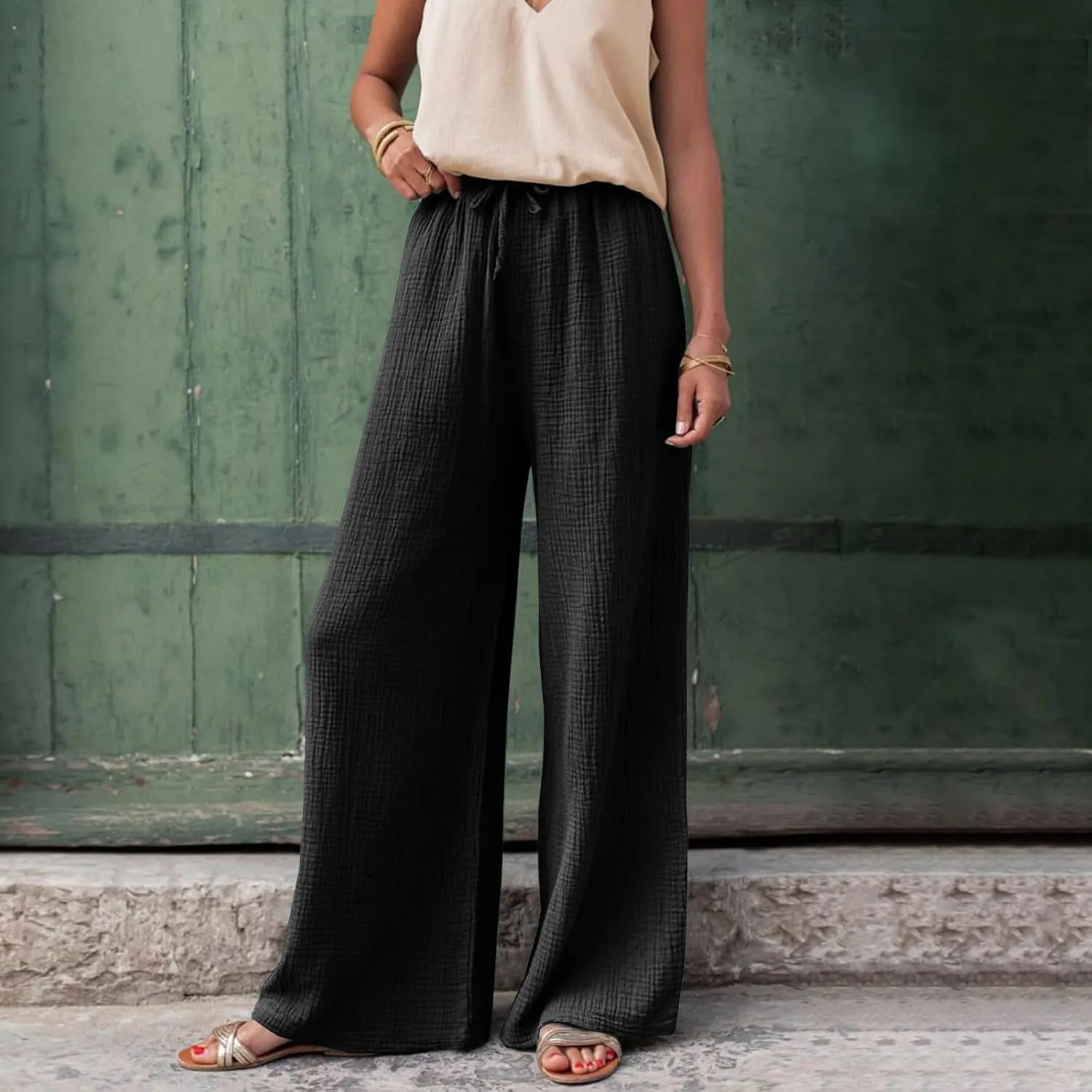 Women's High Waisted Linen Pants Wide Leg Lounge Beach Trousers Summer Casual Pant Palazzo Comfort Pants with Pockets