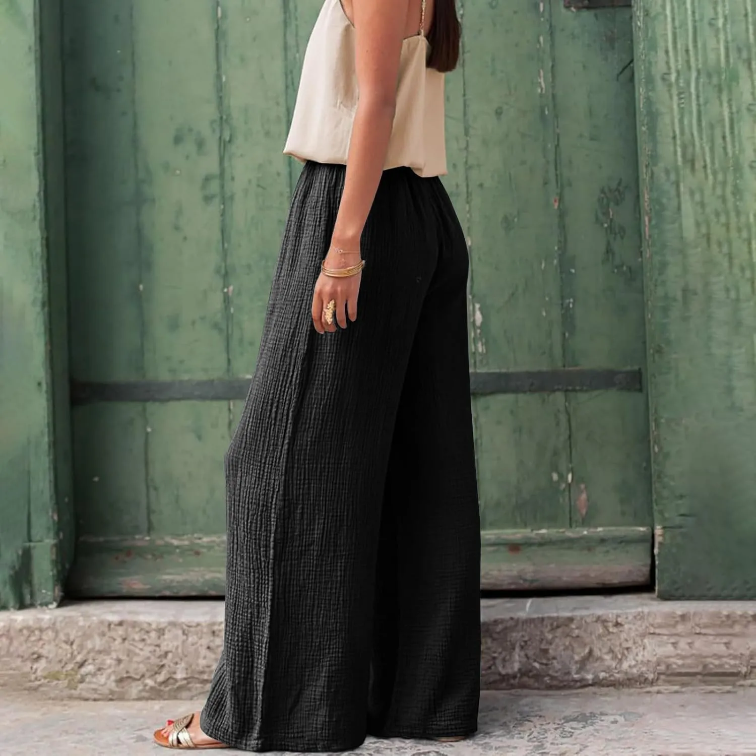 Women's High Waisted Linen Pants Wide Leg Lounge Beach Trousers Summer Casual Pant Palazzo Comfort Pants with Pockets