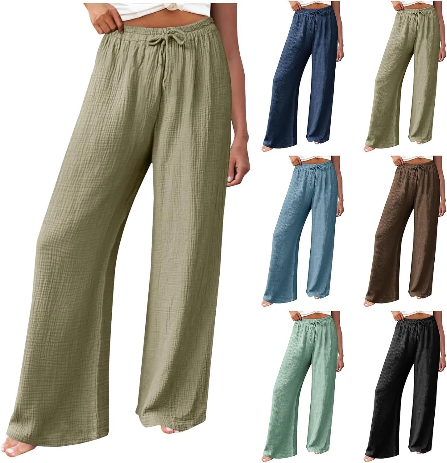 Women's High Waisted Linen Pants Wide Leg Lounge Beach Trousers Summer Casual Pant Palazzo Comfort Pants with Pockets