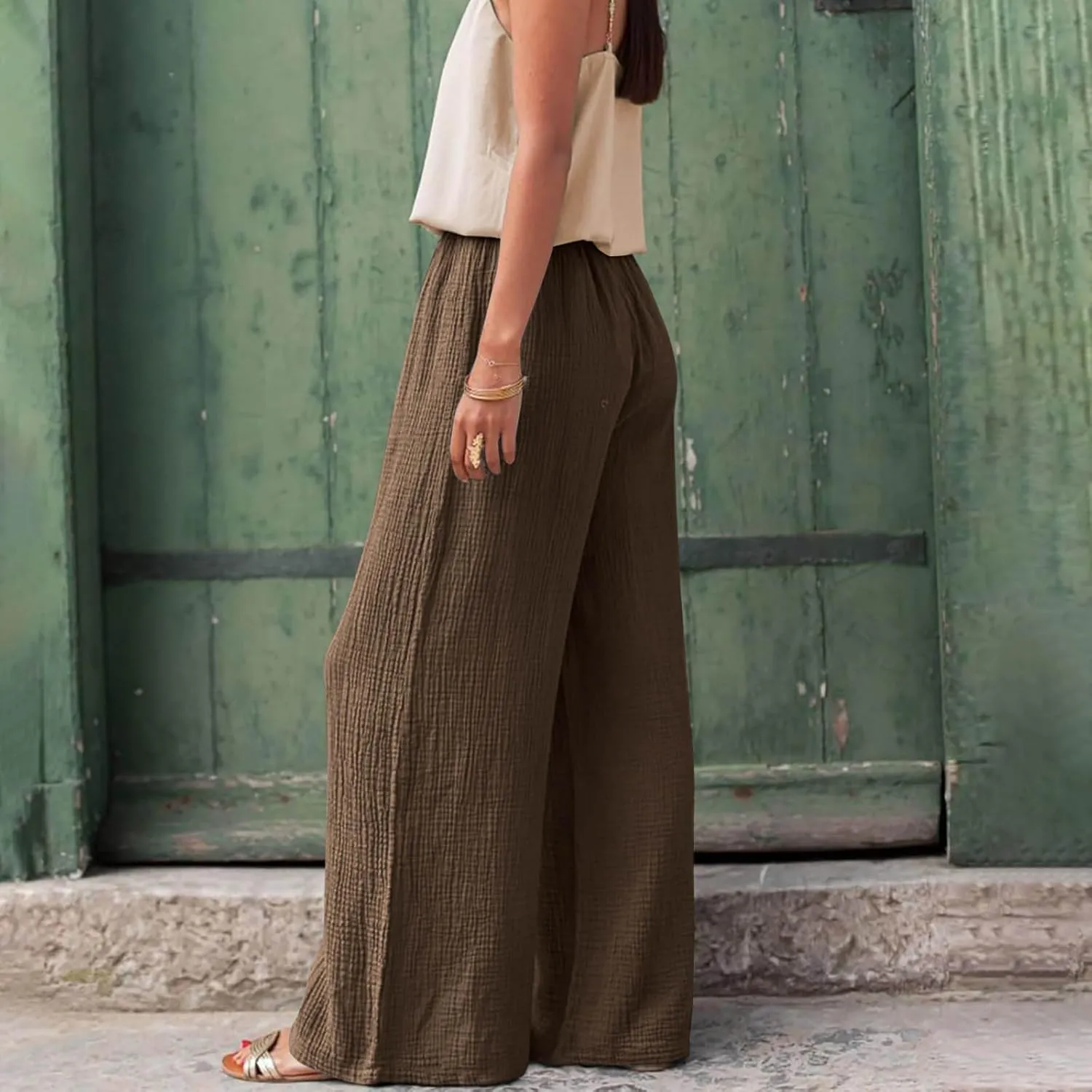 Women's High Waisted Linen Pants Wide Leg Lounge Beach Trousers Summer Casual Pant Palazzo Comfort Pants with Pockets