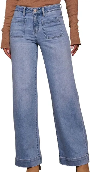 Women's High Waisted Wide Leg Jeans with Forward Pockets Trendy Casual Denim Pants for Comfort and Style Everyday