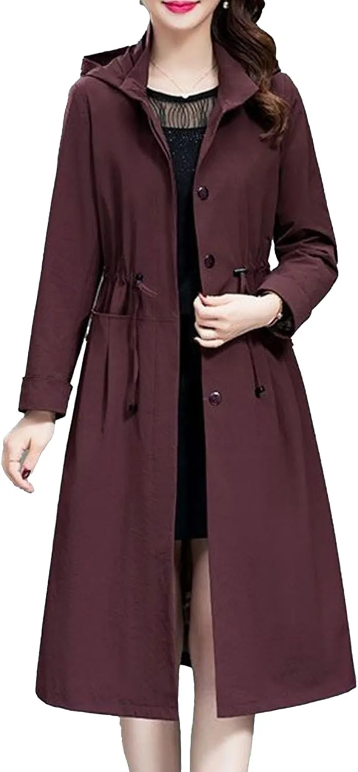 Women's Long Hooded Trench Coat Single Breasted Windproof Overcoat Spring Fall Fashion Windbreaker Long Jacket