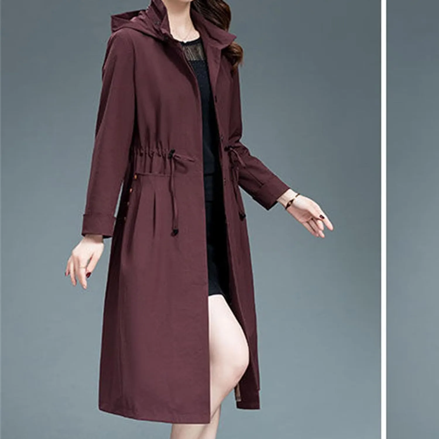 Women's Long Hooded Trench Coat Single Breasted Windproof Overcoat Spring Fall Fashion Windbreaker Long Jacket