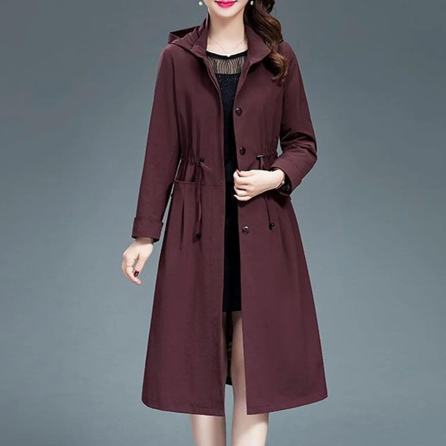 Women's Long Hooded Trench Coat Single Breasted Windproof Overcoat Spring Fall Fashion Windbreaker Long Jacket