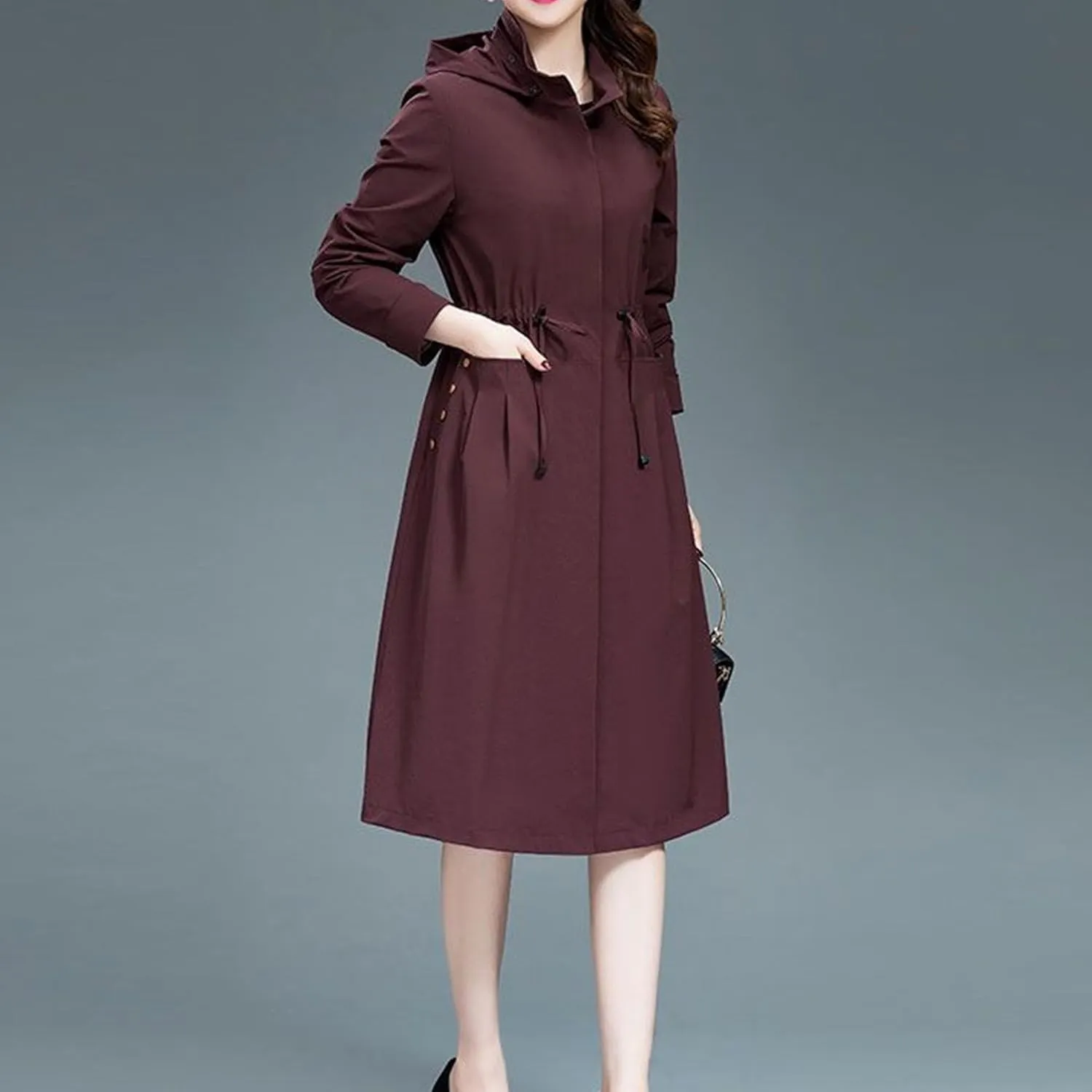 Women's Long Hooded Trench Coat Single Breasted Windproof Overcoat Spring Fall Fashion Windbreaker Long Jacket