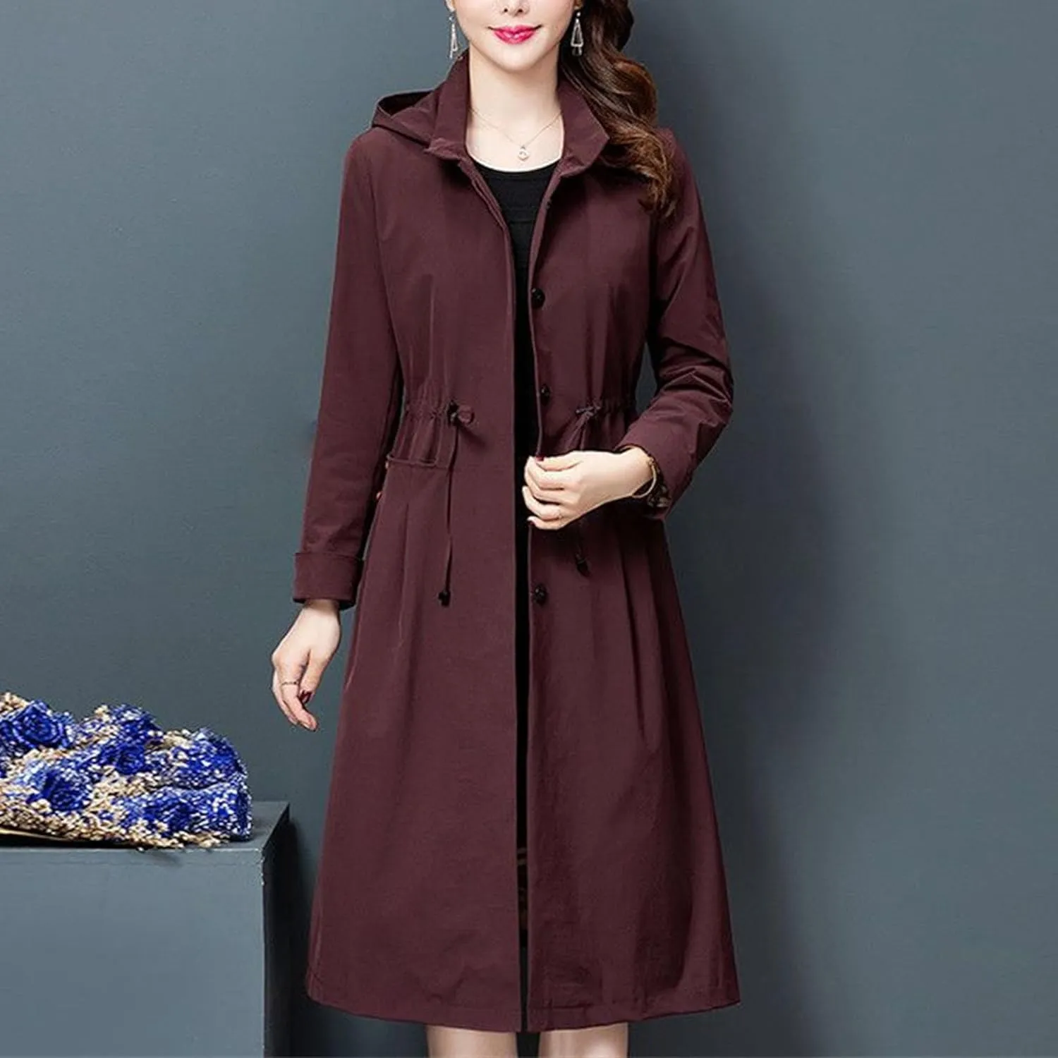 Women's Long Hooded Trench Coat Single Breasted Windproof Overcoat Spring Fall Fashion Windbreaker Long Jacket