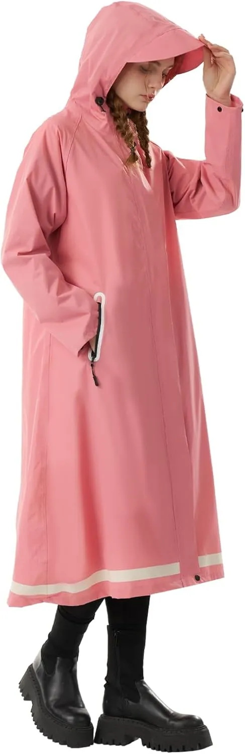 Womens Long Raincoat Ladies rain jackets waterproof with hood Travel Lightweight Windbreaker for Outdoor