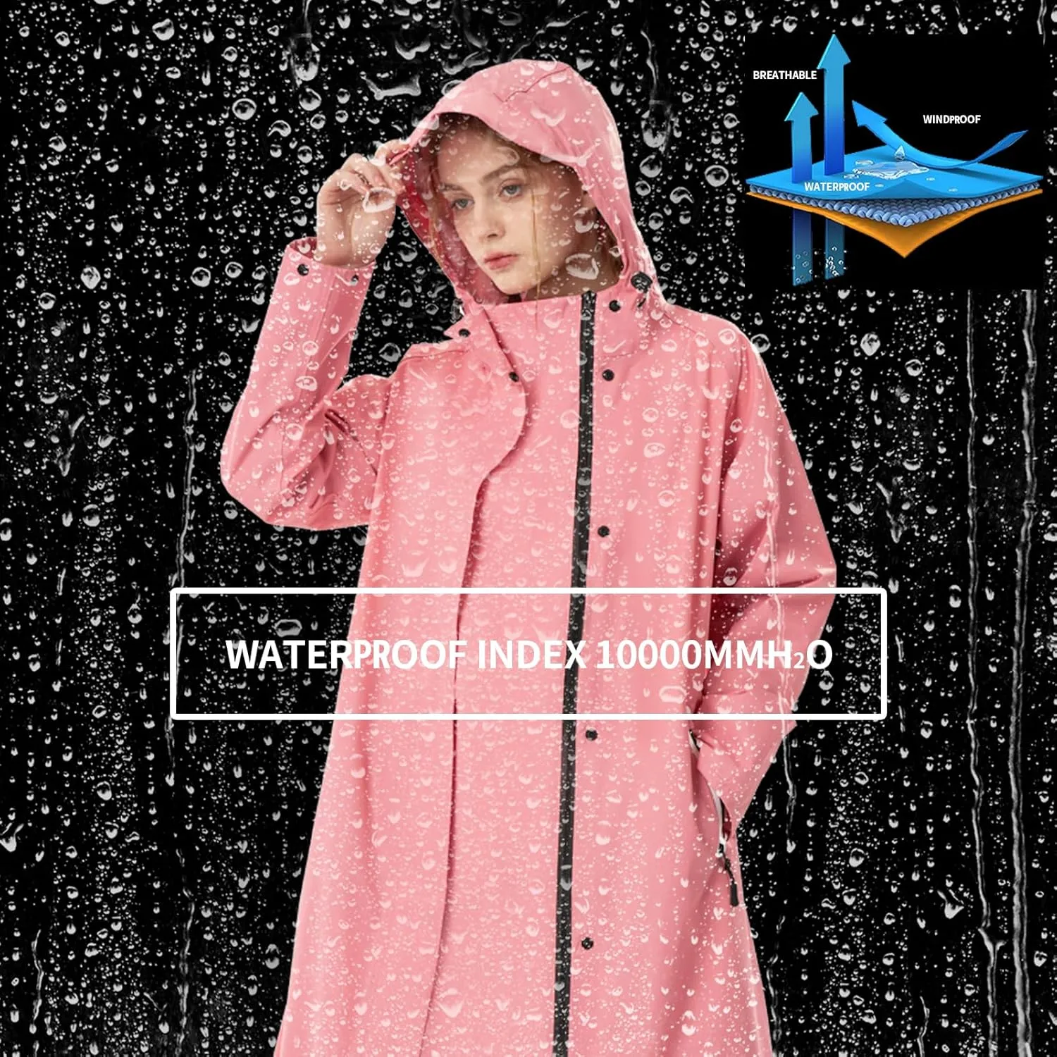 Womens Long Raincoat Ladies rain jackets waterproof with hood Travel Lightweight Windbreaker for Outdoor