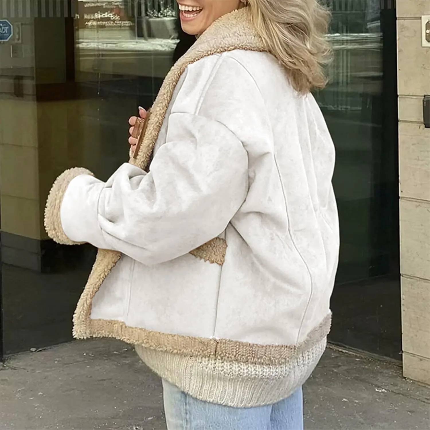 Women's Long Sleeve Oversized Sherpa Fleece Jacket With Cozy Stylish Winter Coat For Casual Wear Warm Outerwear