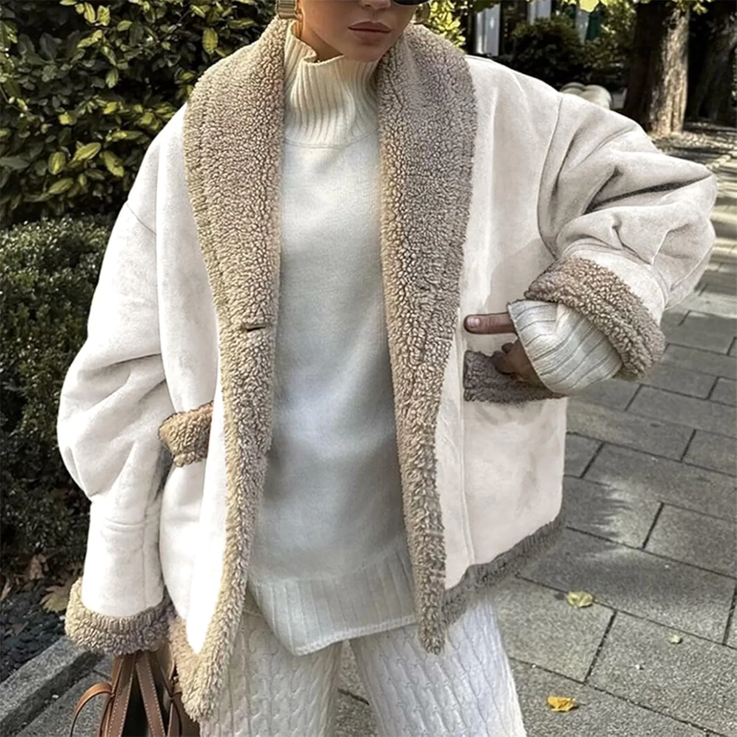 Women's Long Sleeve Oversized Sherpa Fleece Jacket With Cozy Stylish Winter Coat For Casual Wear Warm Outerwear