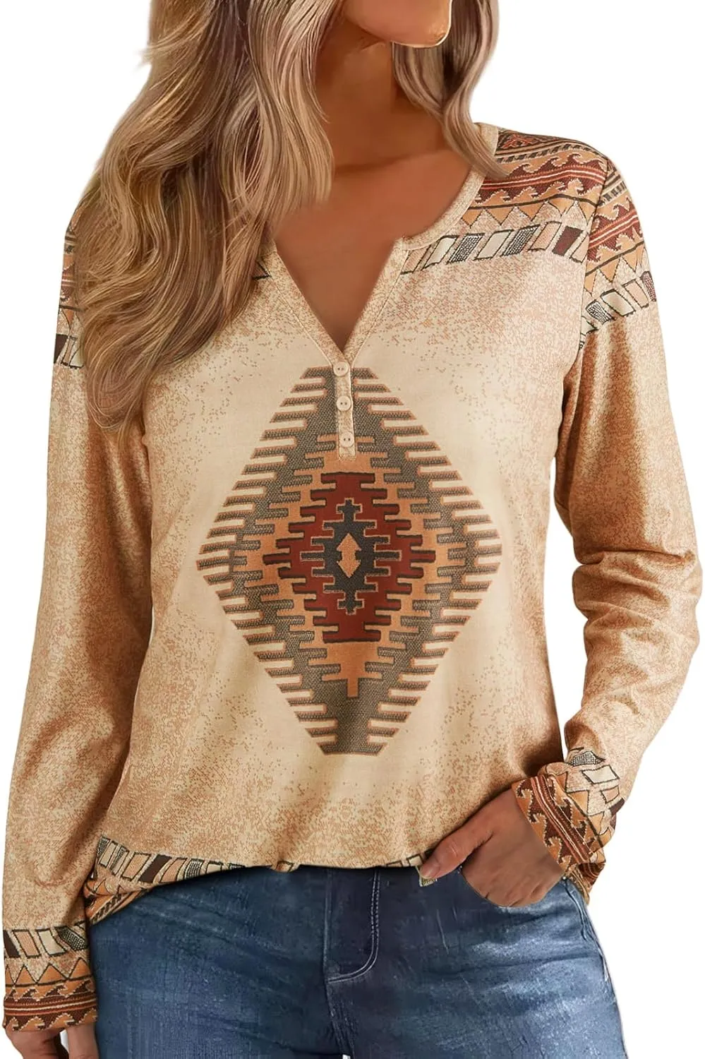 Womens Long Sleeve T Shirts Aztec Cow Print Western Henley Tops Ladies Graphic Tees Casual V Neck Loose Fit Blouse