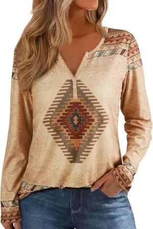 Womens Long Sleeve T Shirts Aztec Cow Print Western Henley Tops Ladies Graphic Tees Casual V Neck Loose Fit Blouse