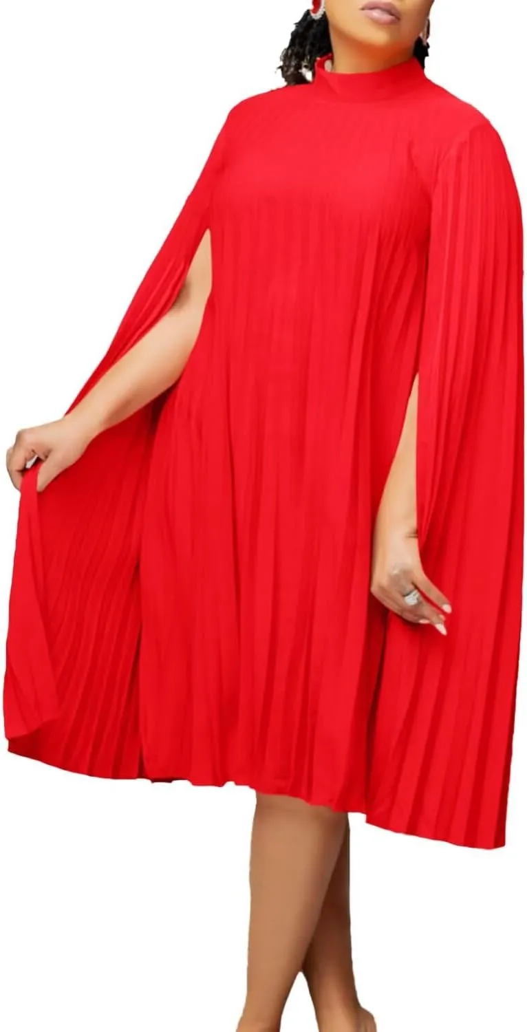 Women's Mock Neck Cloak Sleeve Pleated Keyhole Back Flowy Party Midi Short Dress