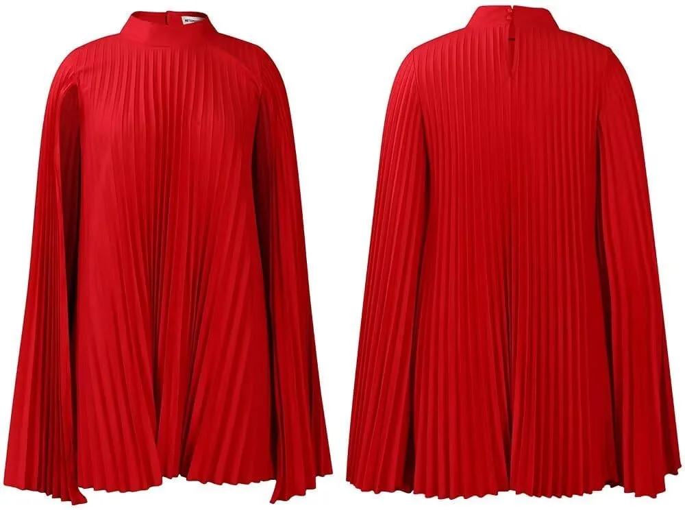 Women's Mock Neck Cloak Sleeve Pleated Keyhole Back Flowy Party Midi Short Dress