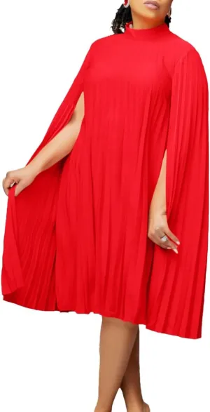 Women's Mock Neck Cloak Sleeve Pleated Keyhole Back Flowy Party Midi Short Dress