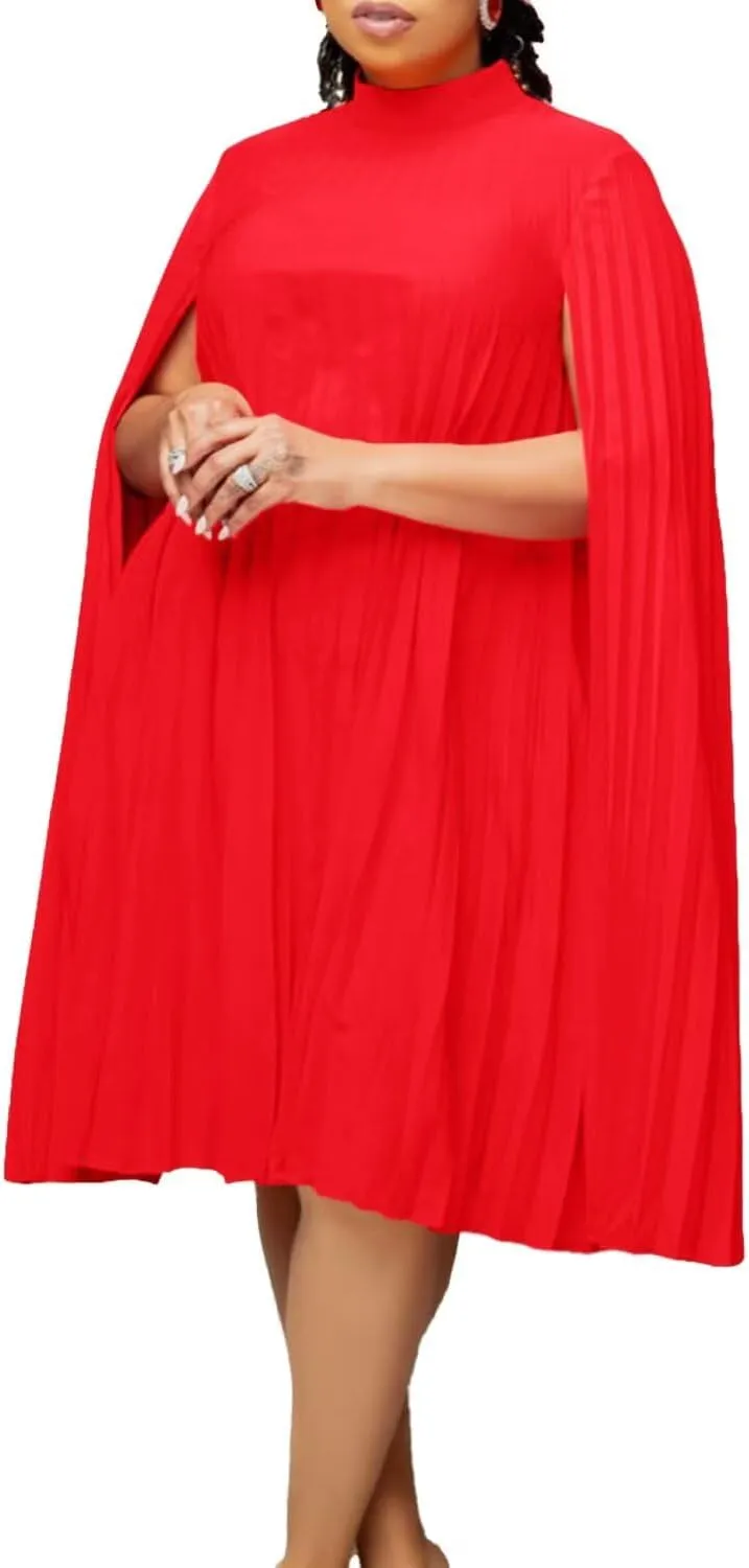 Women's Mock Neck Cloak Sleeve Pleated Keyhole Back Flowy Party Midi Short Dress