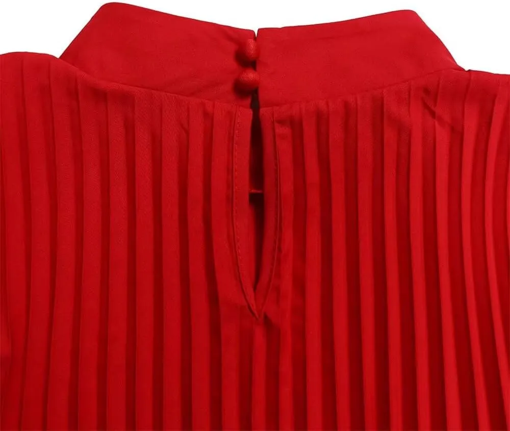 Women's Mock Neck Cloak Sleeve Pleated Keyhole Back Flowy Party Midi Short Dress