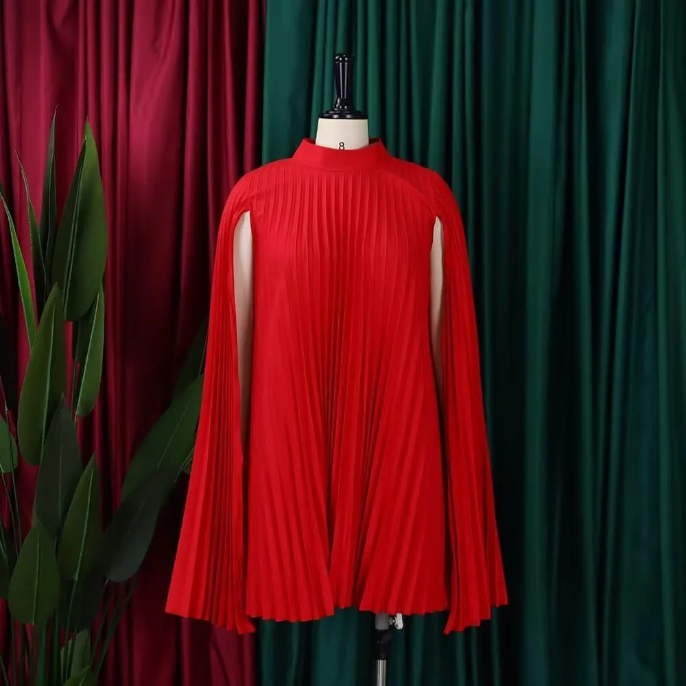 Women's Mock Neck Cloak Sleeve Pleated Keyhole Back Flowy Party Midi Short Dress