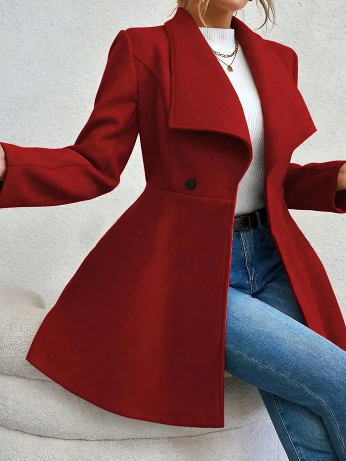 Womens Pea Trench Coats Lapel Double Breasted Casual Jackets Buttoned Elegant Work Winter Outerwear