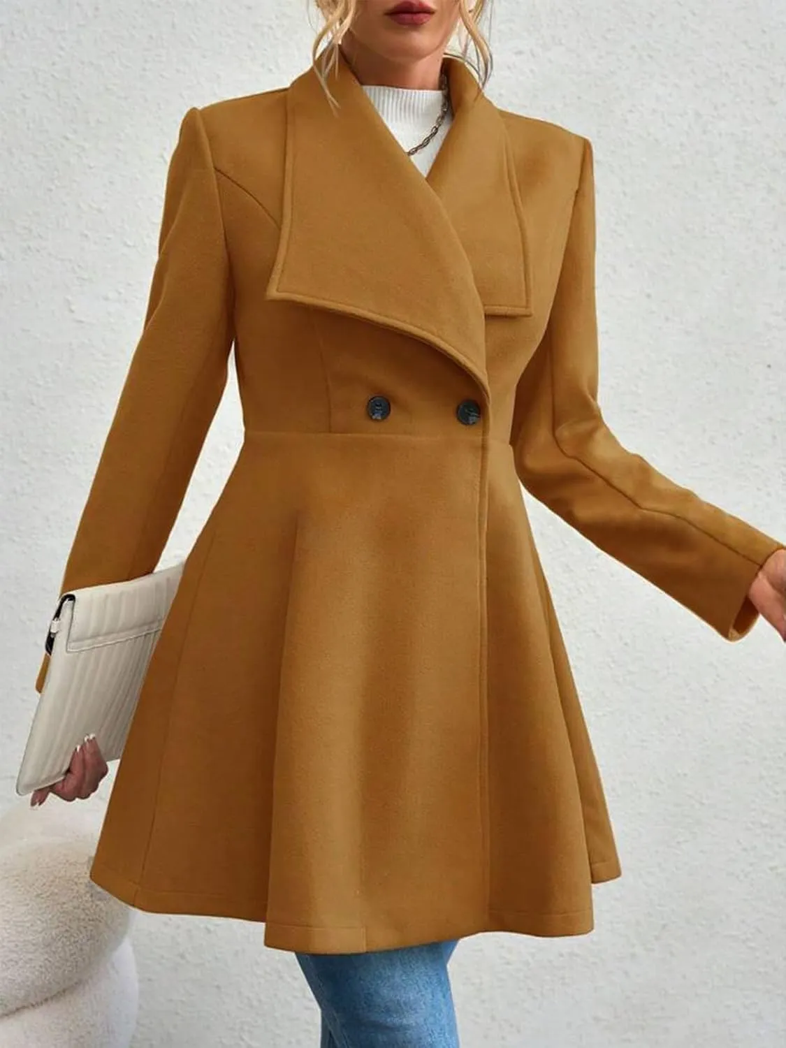 Womens Pea Trench Coats Lapel Double Breasted Casual Jackets Buttoned Elegant Work Winter Outerwear