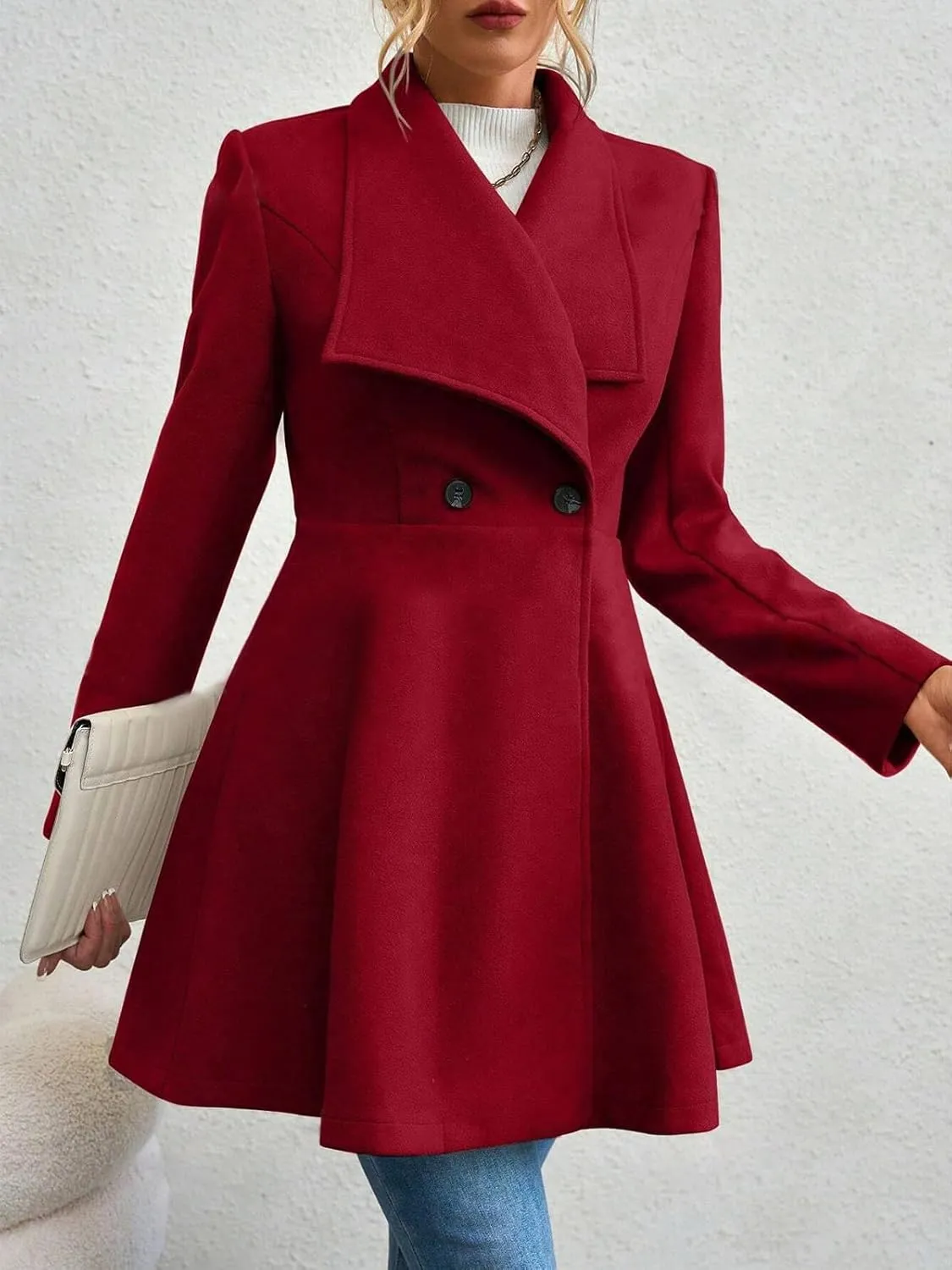 Womens Pea Trench Coats Lapel Double Breasted Casual Jackets Buttoned Elegant Work Winter Outerwear