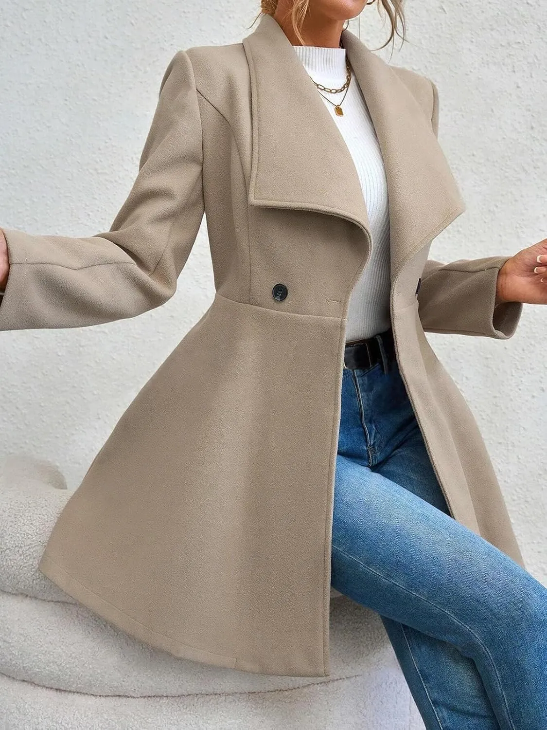 Womens Pea Trench Coats Lapel Double Breasted Casual Jackets Buttoned Elegant Work Winter Outerwear