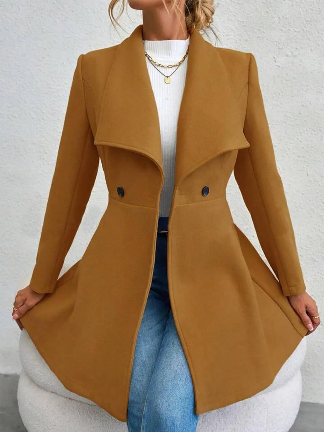 Womens Pea Trench Coats Lapel Double Breasted Casual Jackets Buttoned Elegant Work Winter Outerwear