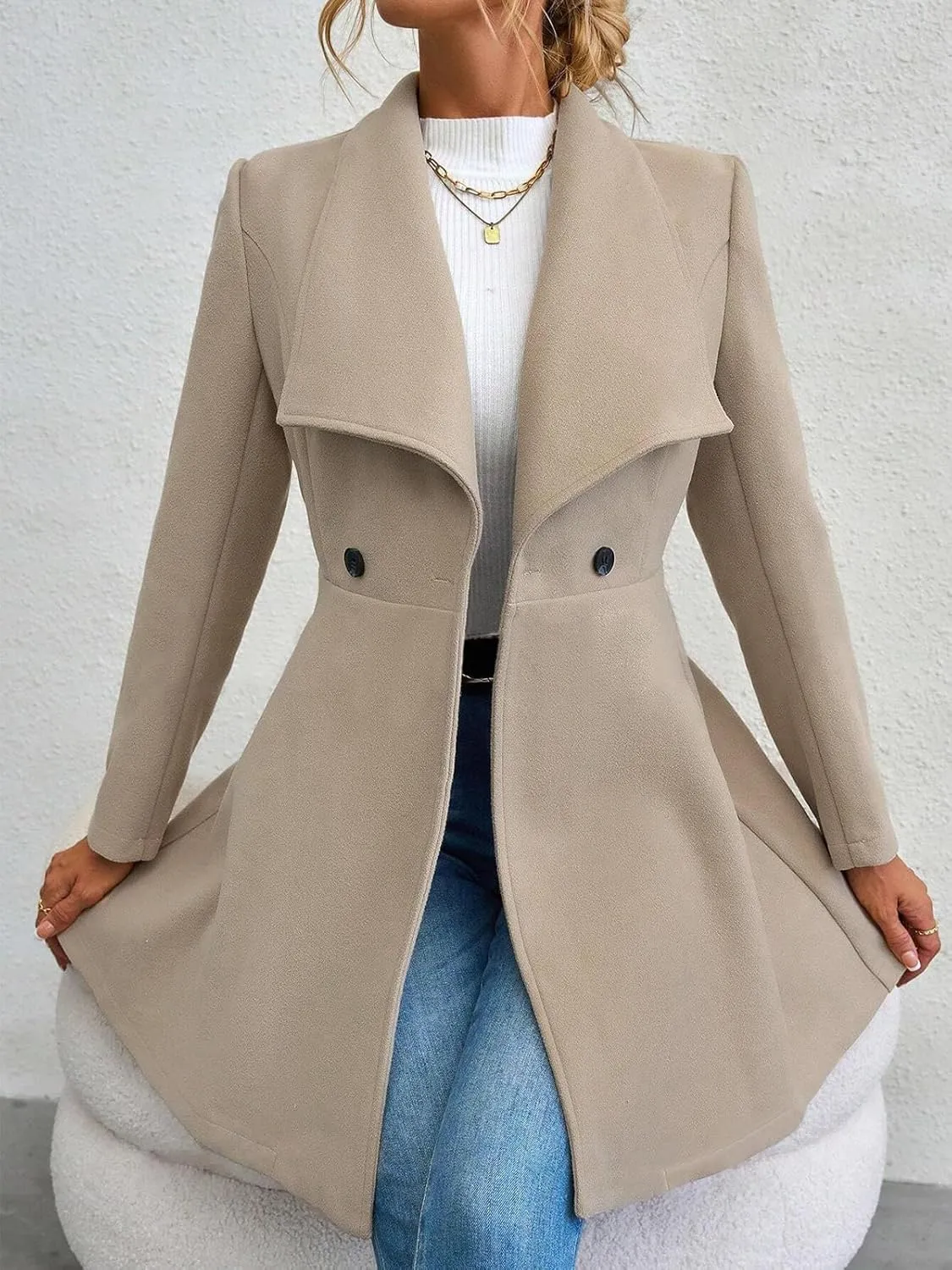 Womens Pea Trench Coats Lapel Double Breasted Casual Jackets Buttoned Elegant Work Winter Outerwear