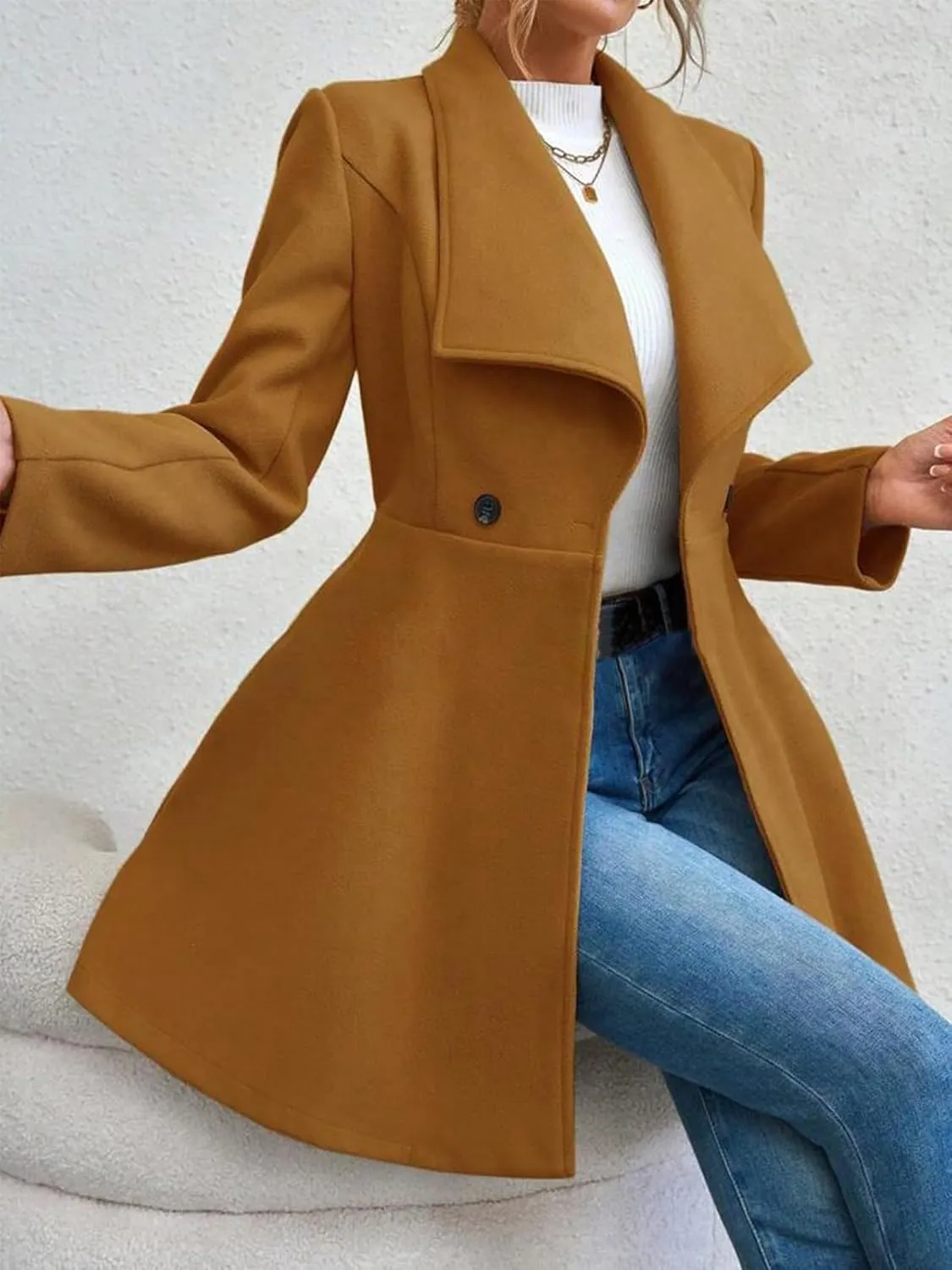 Womens Pea Trench Coats Lapel Double Breasted Casual Jackets Buttoned Elegant Work Winter Outerwear
