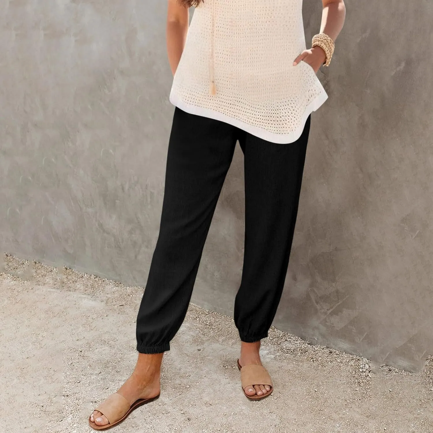 Womens Petite Pants Summer Elastic High Waist Lounge Pants Solid Color Baggy Lightweight Comfort Trendy Trousers with Pocket