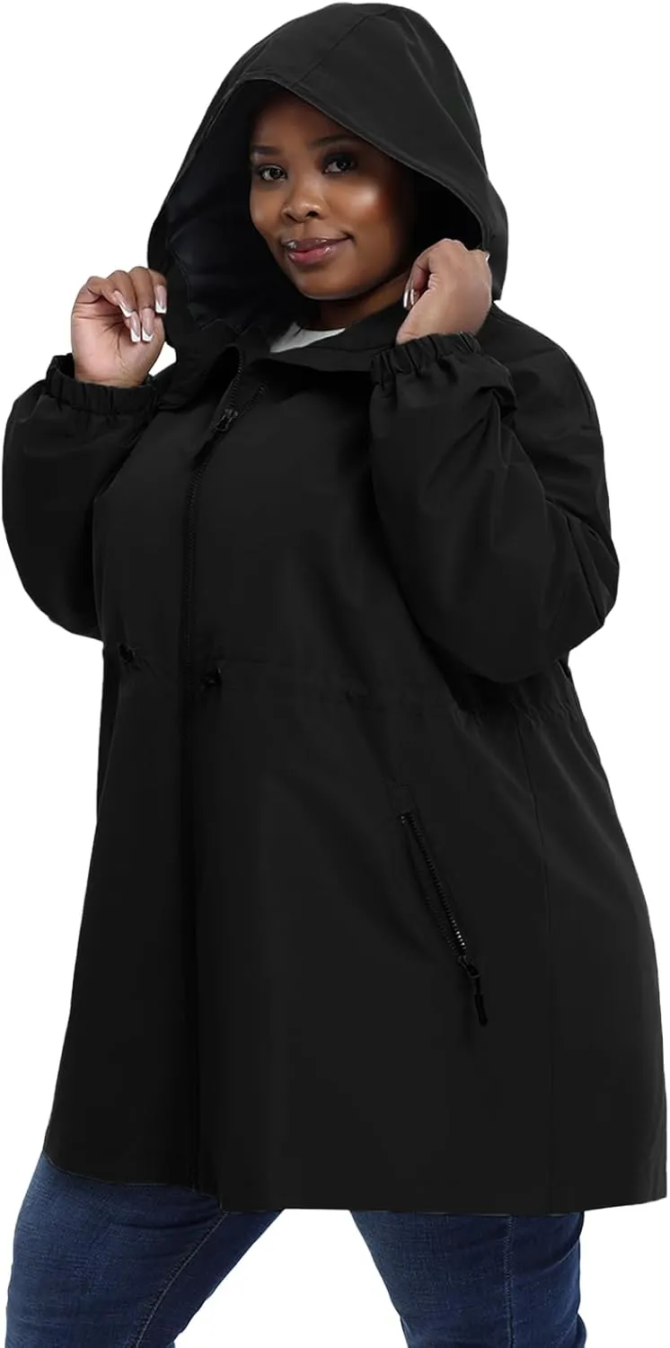Women's Plus Size Lightweight Windproof Jacket, Water-Resistant Windbreaker Jacket with Hood for Traveling, Hiking, Daily