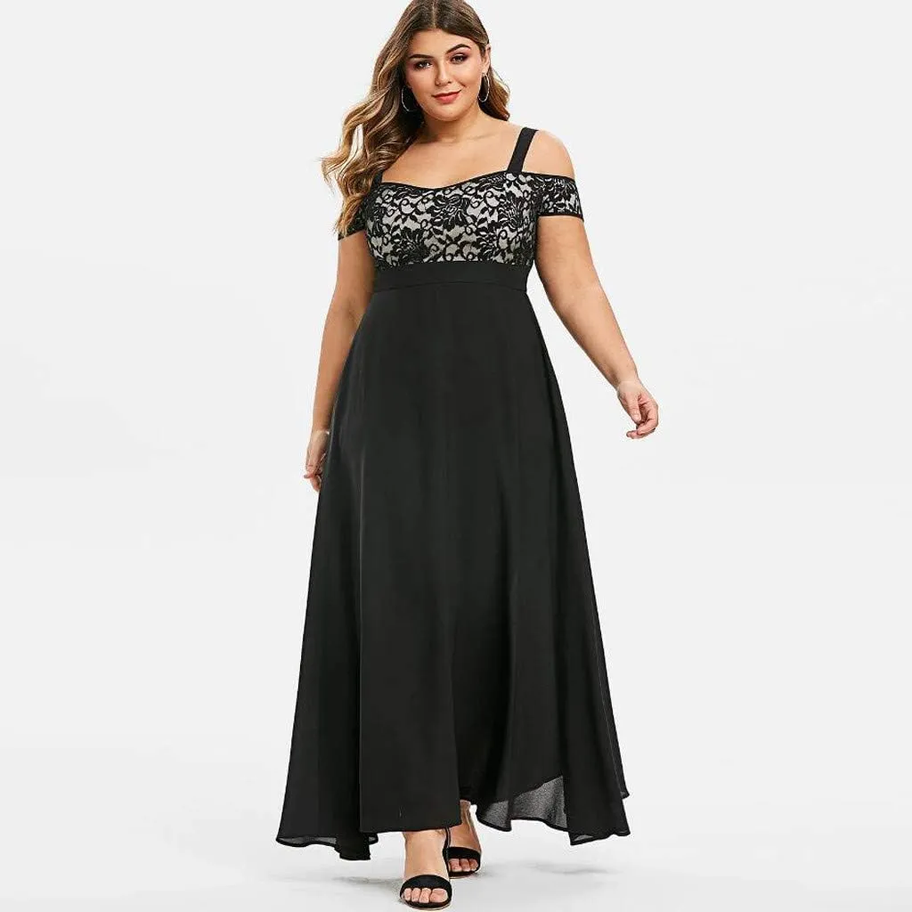 Women's Plus Size Off Shoulder Evening Dress Lace Bodice Flowy Chiffon Formal Wedding Party Maxi Dresses