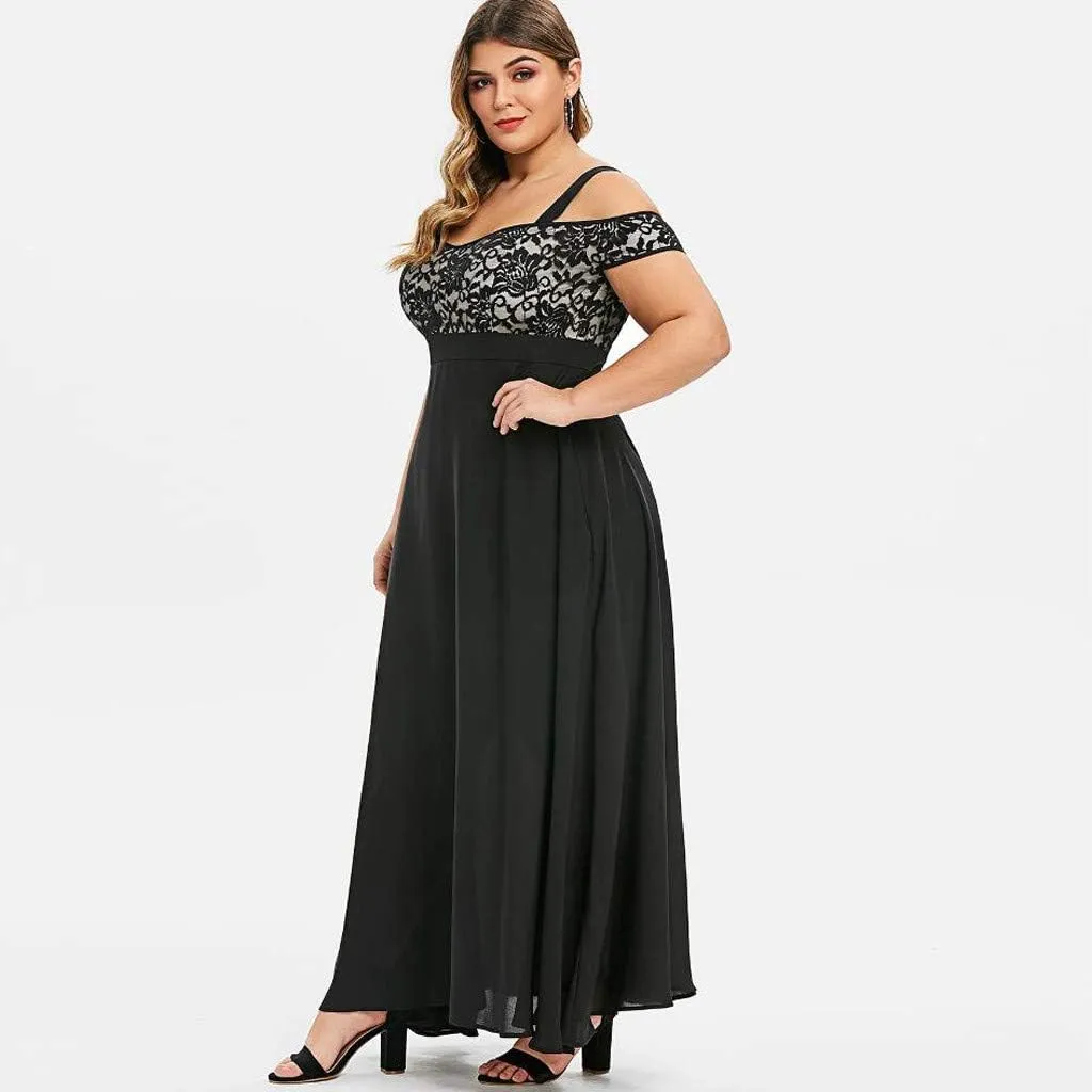 Women's Plus Size Off Shoulder Evening Dress Lace Bodice Flowy Chiffon Formal Wedding Party Maxi Dresses