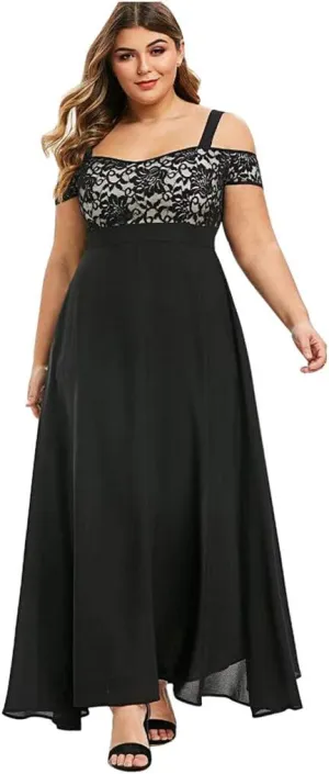 Women's Plus Size Off Shoulder Evening Dress Lace Bodice Flowy Chiffon Formal Wedding Party Maxi Dresses