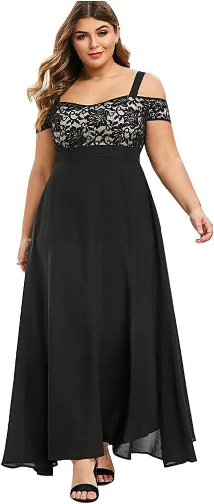 Women's Plus Size Off Shoulder Evening Dress Lace Bodice Flowy Chiffon Formal Wedding Party Maxi Dresses