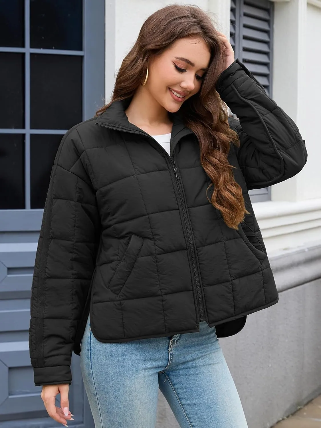 Women's Quilted Lightweight Jackets Down Coat Long Sleeve Zipper Oversized Packable Short Puffer Jackets