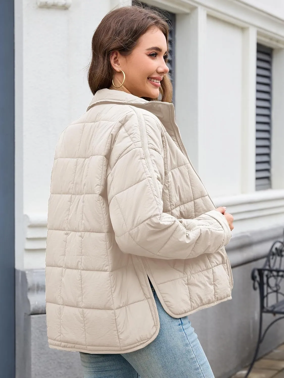 Women's Quilted Lightweight Jackets Down Coat Long Sleeve Zipper Oversized Packable Short Puffer Jackets
