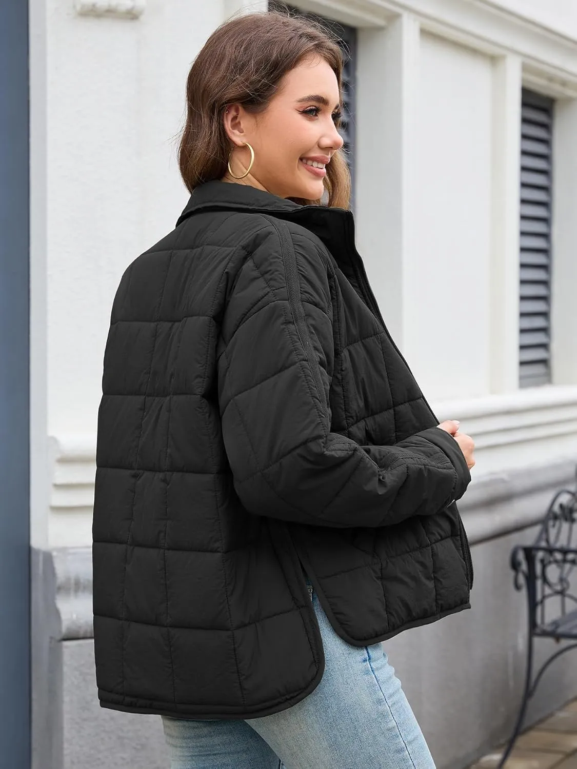 Women's Quilted Lightweight Jackets Down Coat Long Sleeve Zipper Oversized Packable Short Puffer Jackets