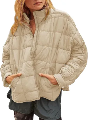 Women's Quilted Lightweight Jackets Down Coat Long Sleeve Zipper Oversized Packable Short Puffer Jackets
